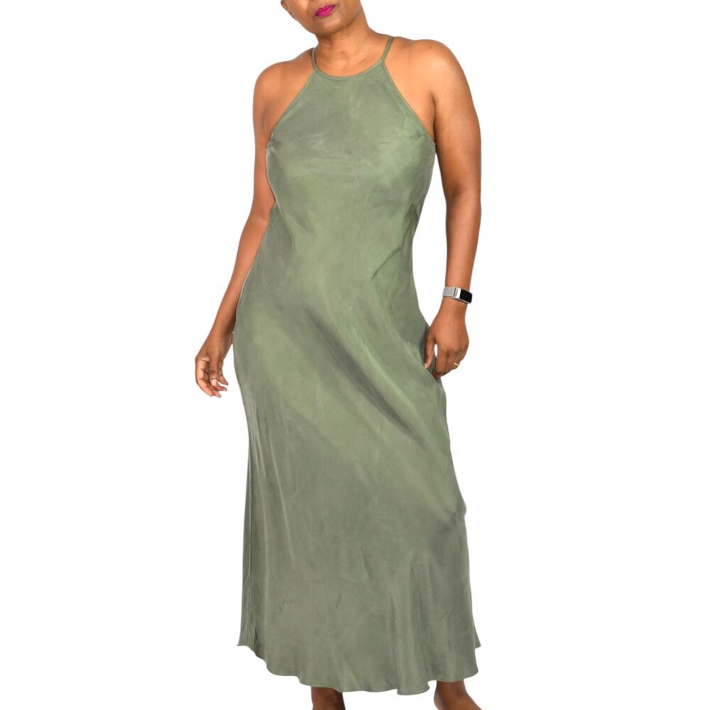 J Crew Amber Slip Dress Green Cupro Halter Maxi Bias Keyhole Silky Slipdress 6